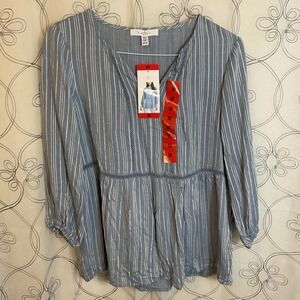 NWT Women's FEVER Blue Whistlers Striped Peasant Tunic Shirt Blouse Size Medium